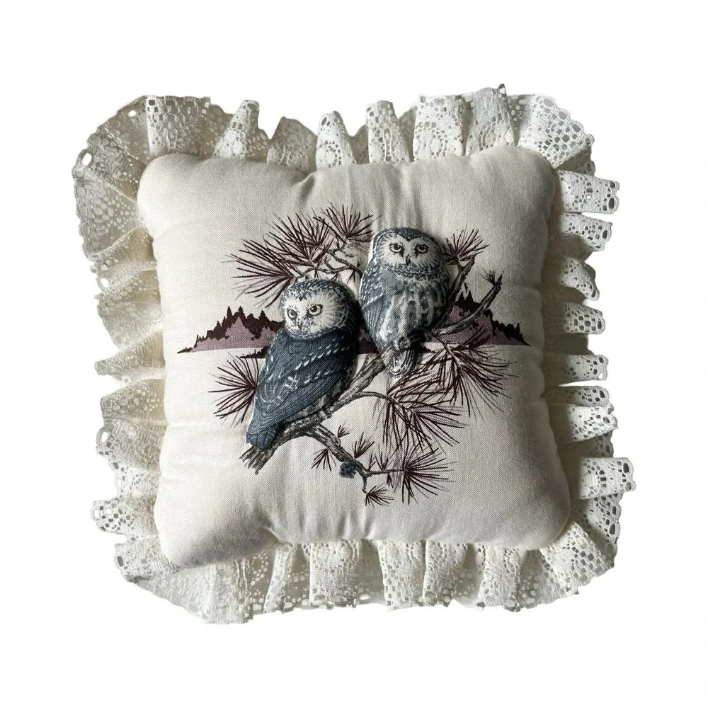 Vintage Bird Owl Quail‎ Decorative Throw Pillows Lace Trim Set of 3 Cottagecore